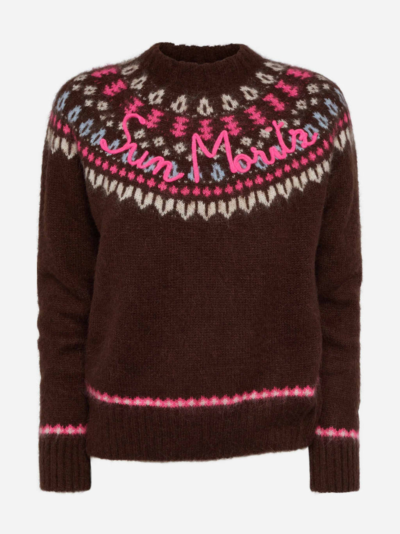 Brown sweater Queen Nordic Soft with fair isle jacquard and Sun Moritz embroidery