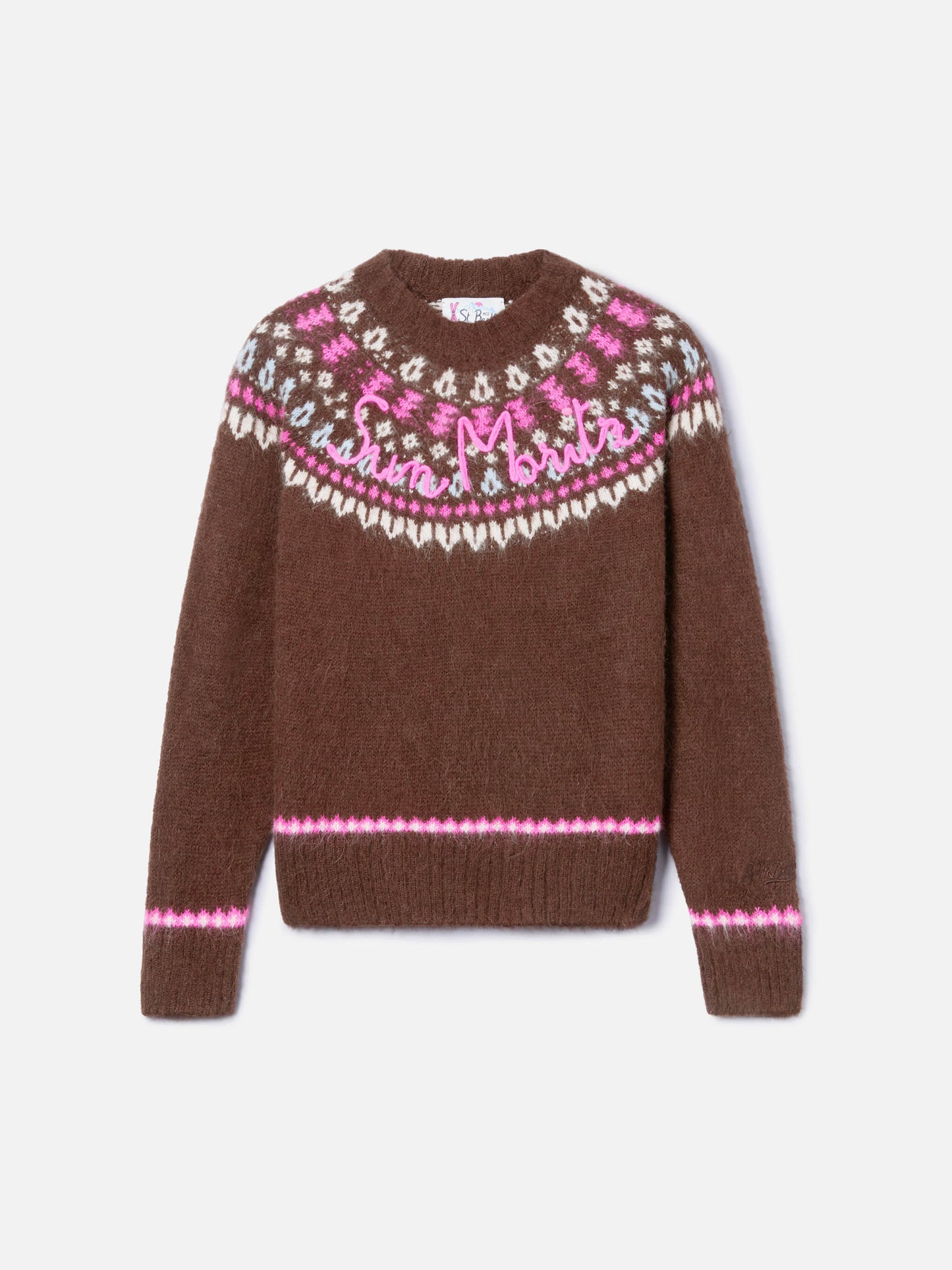 Maglione marrone Queen Nordic Soft con jacquard fair isle e ricamo Sun Moritz