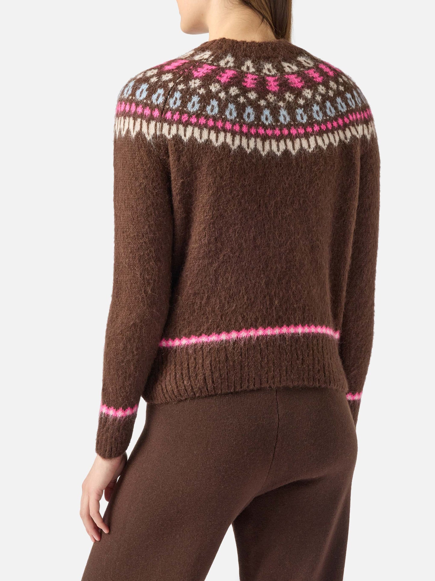 Maglione marrone Queen Nordic Soft con jacquard fair isle e ricamo Sun Moritz