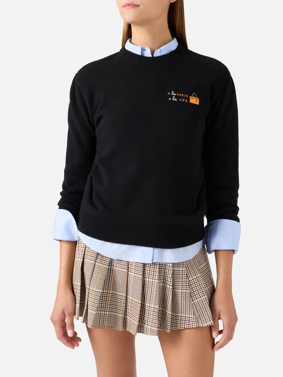 Jersey de cuello redondo en mezcla de lana y cachemira Black New Queen con bordado O La Borsa O La Vita 