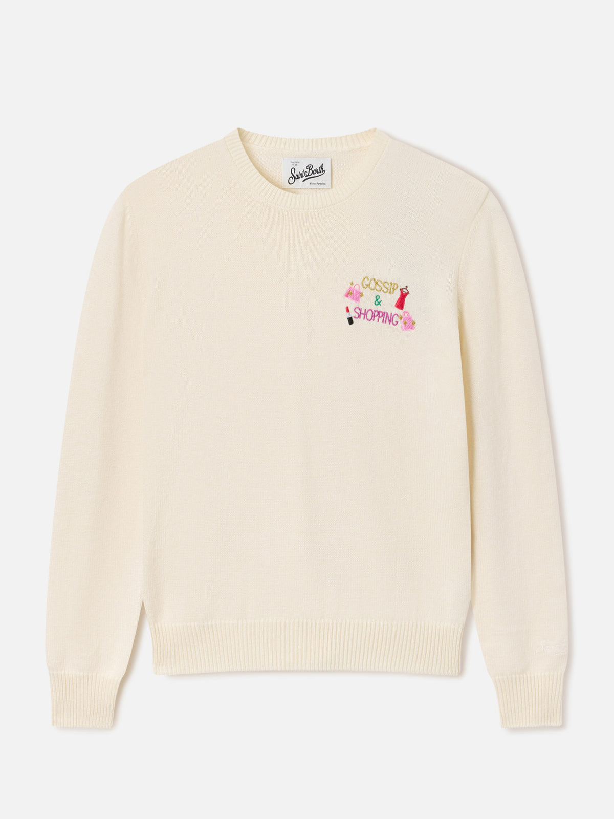 Pull New Queen col rond en mélange de laine et cachemire off white avec broderie Gossip & Shopping 
