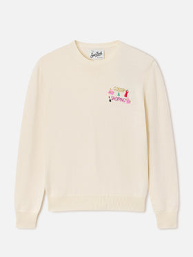 Pull New Queen col rond en mélange de laine et cachemire off white avec broderie Gossip & Shopping 