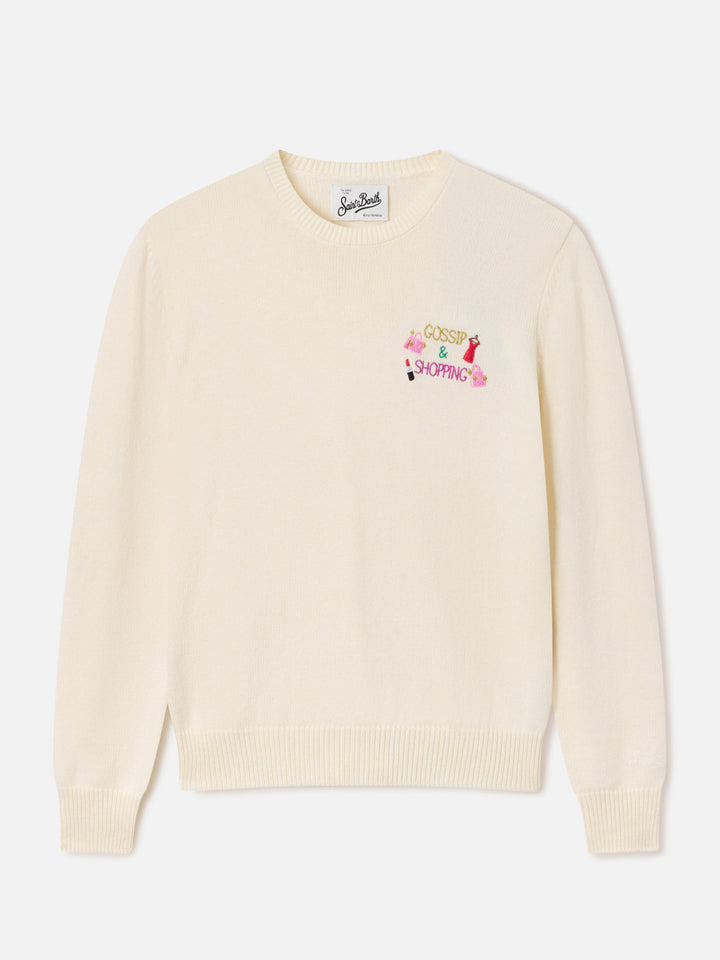 Cremefarbenes New Queen Rundhalsshirt aus Woll- und Kaschmirmischung mit Gossip & Shopping-Stickerei 