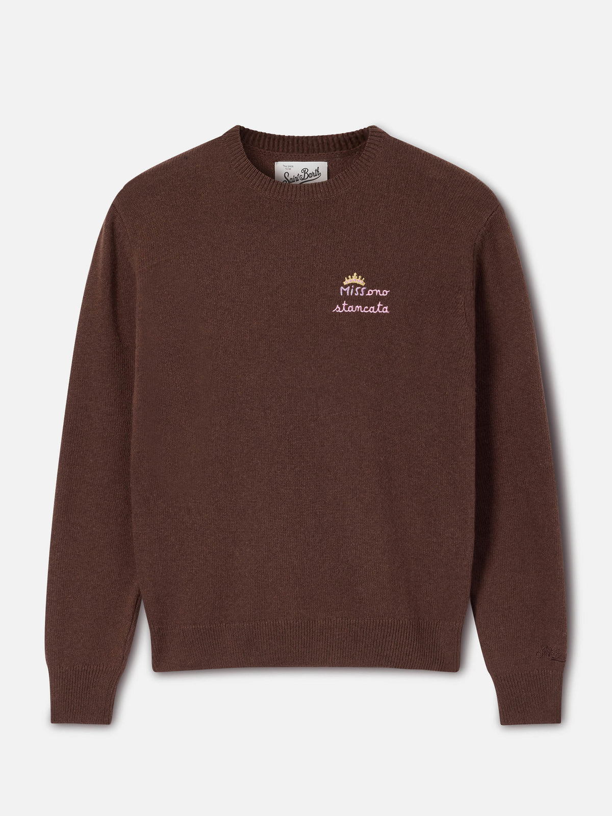 Maglia girocollo New Queen marrone in misto lana e cashmere con ricamo Miss Sono Stancata