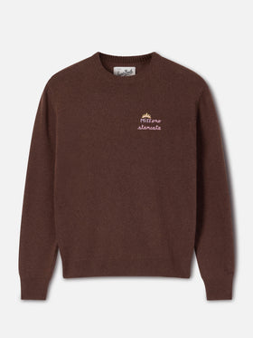 Maglia girocollo New Queen marrone in misto lana e cashmere con ricamo Miss Sono Stancata
