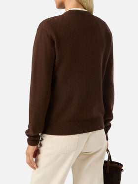 Jersey de cuello redondo Brown New Queen en mezcla de lana y cachemira con bordado Miss Sono Stancata 