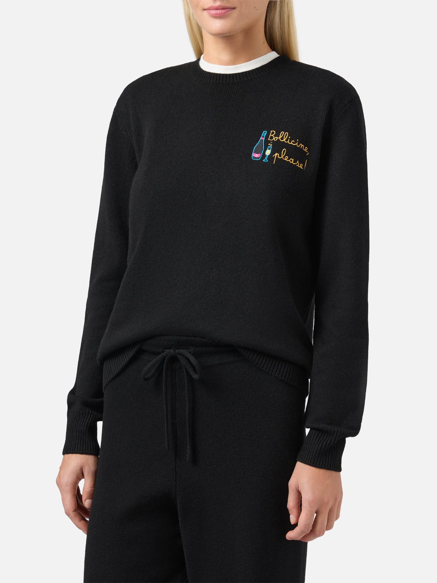 Maglione New Queen in misto cashmere nero con ricamo Bollicine, please