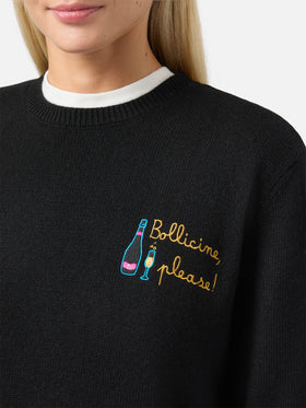 Maglione New Queen in misto cashmere nero con ricamo Bollicine, please