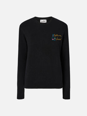 Maglione New Queen in misto cashmere nero con ricamo Bollicine, please