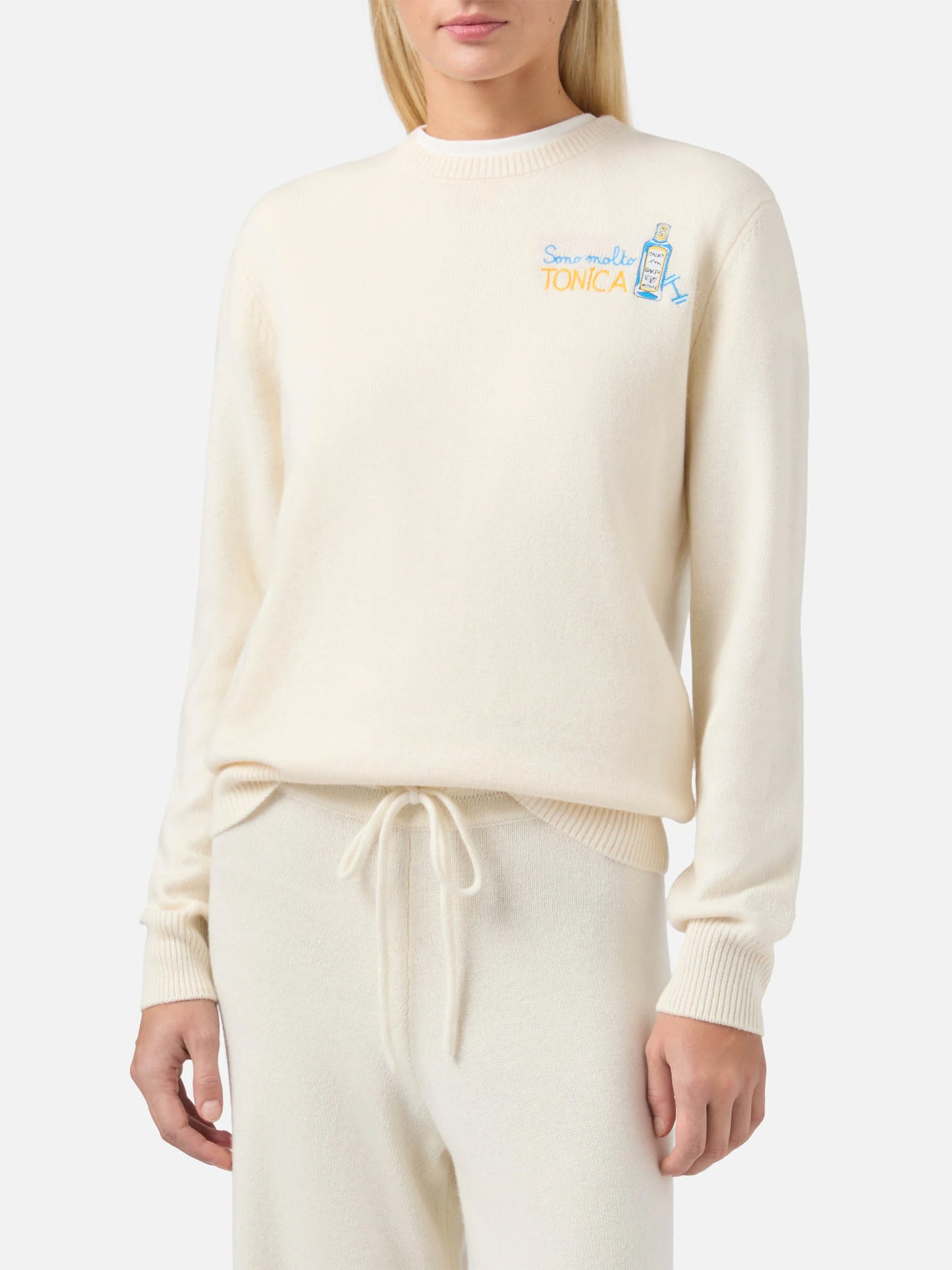 Maglione New Queen in misto cashmere bianco con ricamo Sono molto tonica