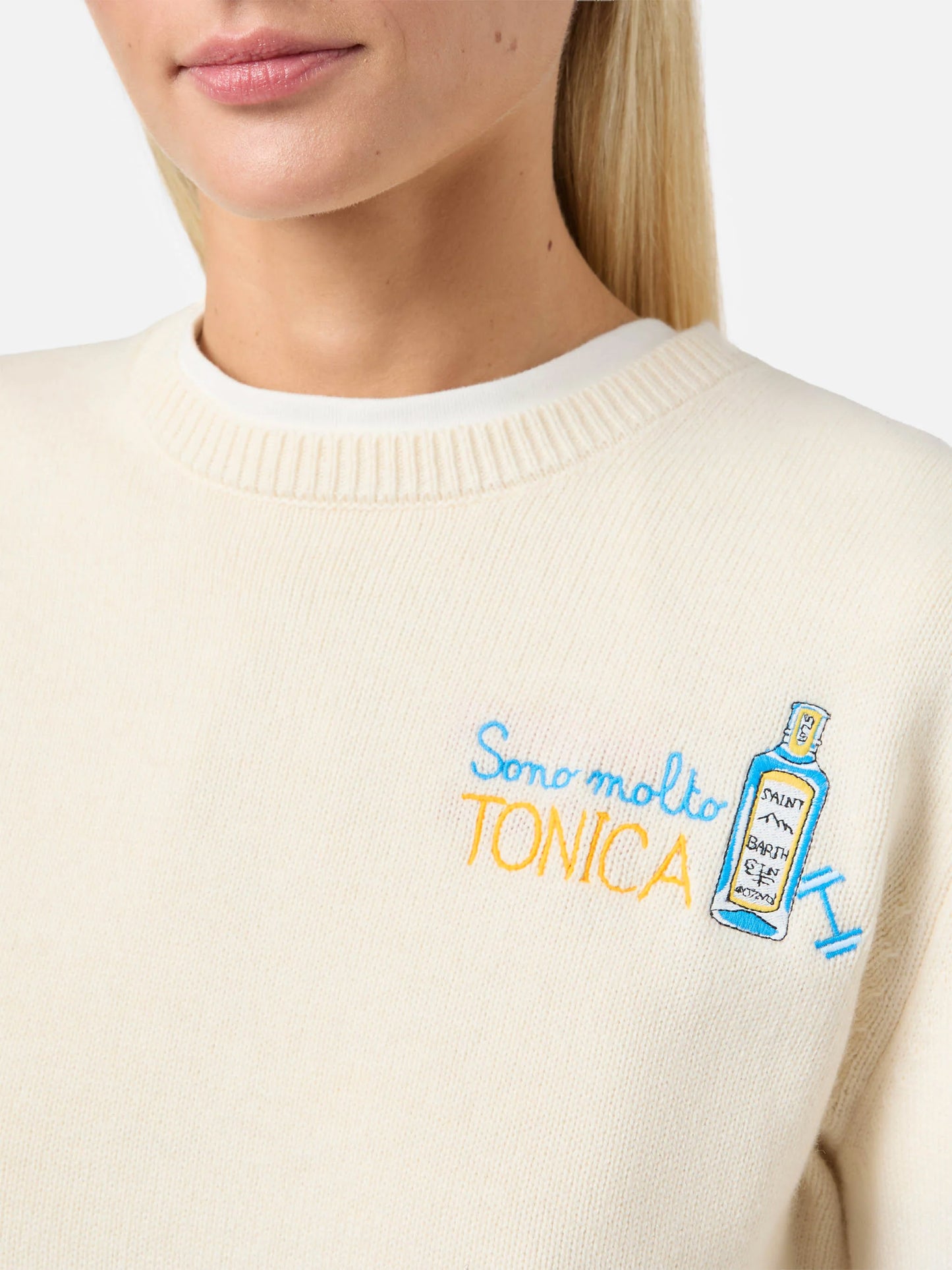 Maglione New Queen in misto cashmere bianco con ricamo Sono molto tonica