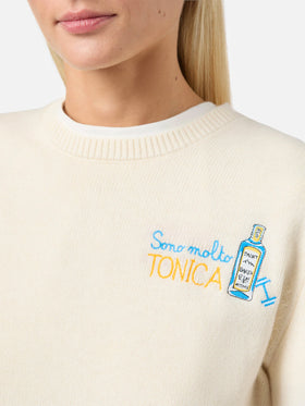 Maglione New Queen in misto cashmere bianco con ricamo Sono molto tonica