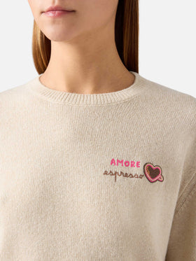 Grain New Queen wool and cashmere blend crewneck with Amore Espresso embroidery