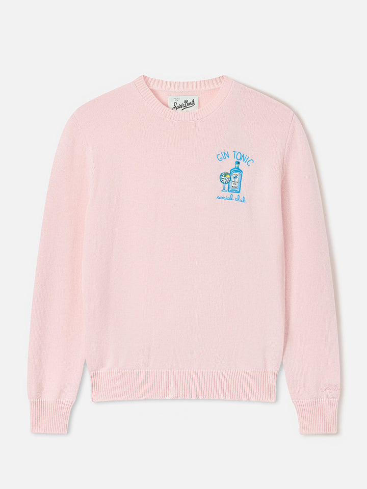 Rosa Queen Rundhalspullover aus Woll- und Kaschmirmischung mit Gin Tonic Social Club-Stickerei 