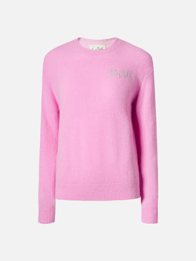 Maglia elasticizzata New Queen in misto lana merino e alpaca rosa con ricamo Non smetto di sp(l)endere