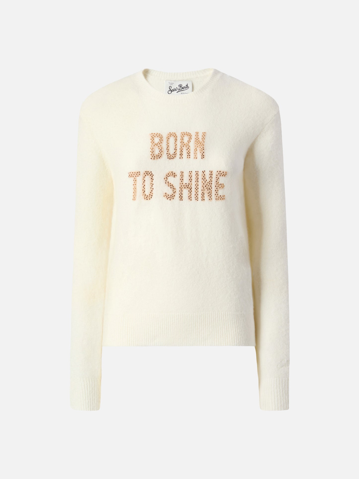 New Queen stretch sweater in merino-wool and alpaca blend in white with Born to Shine rhinestone appliqué