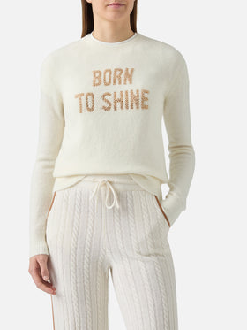 New Queen stretch sweater in merino-wool and alpaca blend in white with Born to Shine rhinestone appliqué