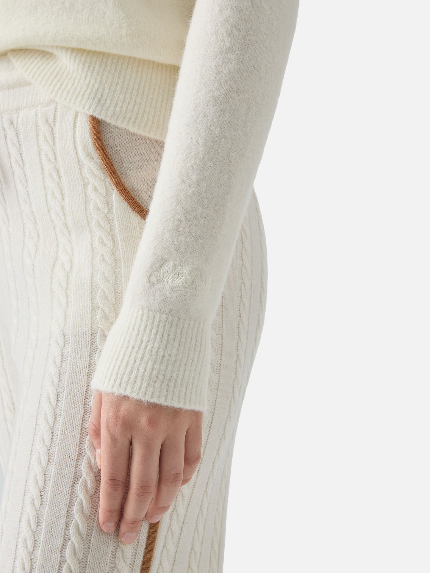 New Queen stretch sweater in merino-wool and alpaca blend in white with Born to Shine rhinestone appliqué