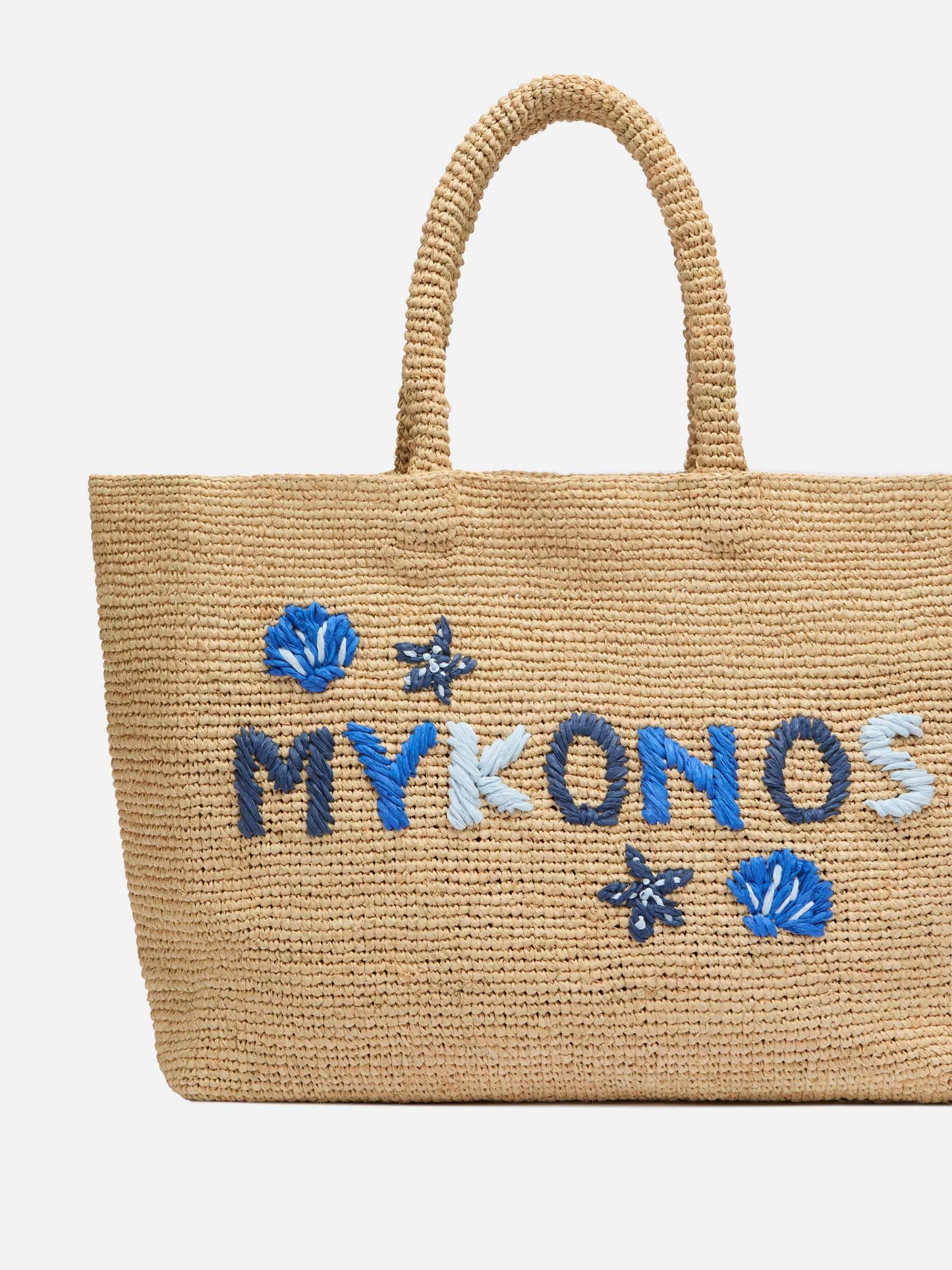 Beige Strandtasche aus Raffiabast mit Baumwollbeutel und Mykonos-Stickerei