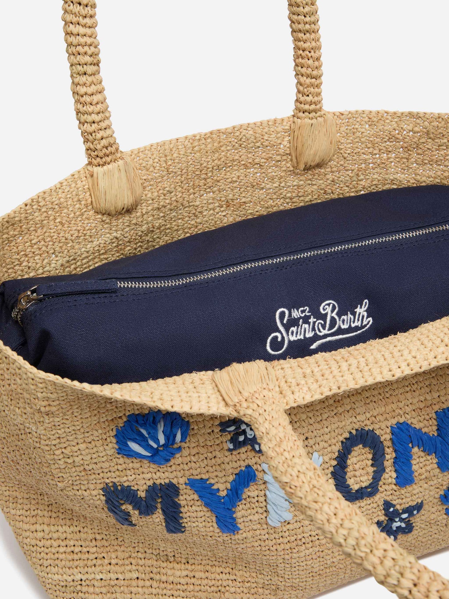 Beige Strandtasche aus Raffiabast mit Baumwollbeutel und Mykonos-Stickerei