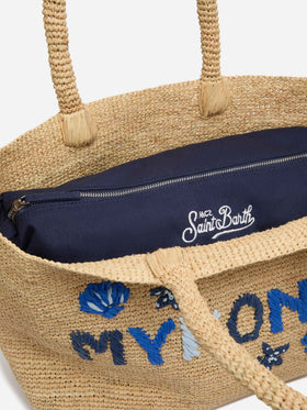 Beige Strandtasche aus Raffiabast mit Baumwollbeutel und Mykonos-Stickerei