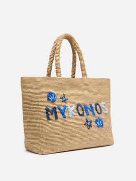 Beige Strandtasche aus Raffiabast mit Baumwollbeutel und Mykonos-Stickerei