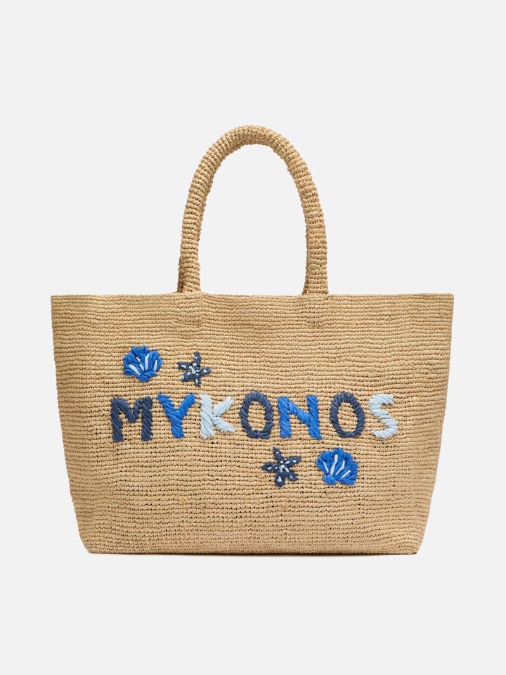 Beige Strandtasche aus Raffiabast mit Baumwollbeutel und Mykonos-Stickerei