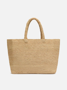 Beige Strandtasche aus Raffiabast mit Baumwollbeutel und Mykonos-Stickerei