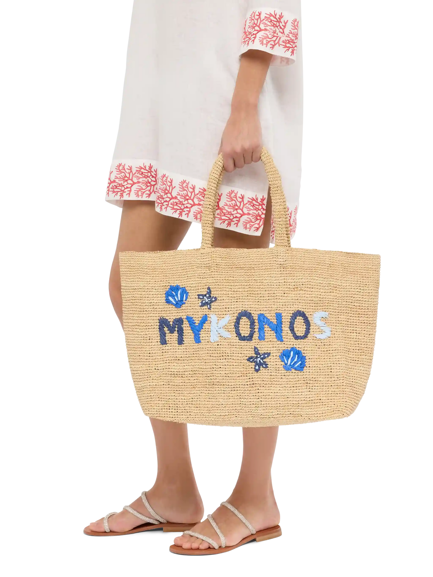 Beige Strandtasche aus Raffiabast mit Baumwollbeutel und Mykonos-Stickerei