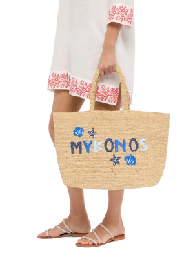 Beige Strandtasche aus Raffiabast mit Baumwollbeutel und Mykonos-Stickerei