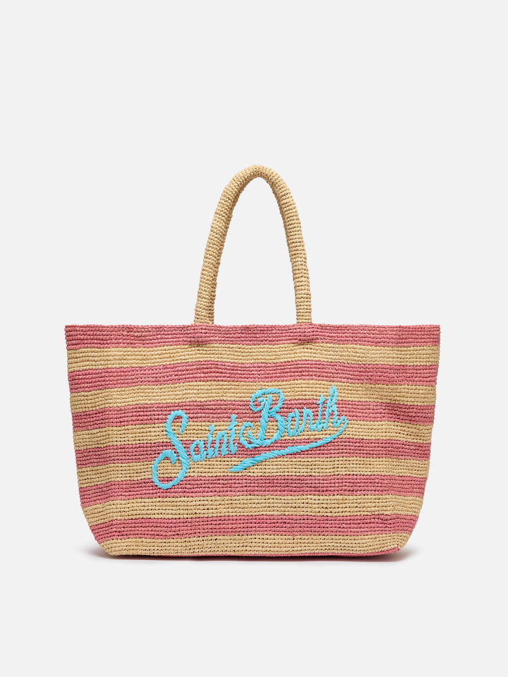 Rafia Beach Bag a righe rosa con pochette interna in cotone