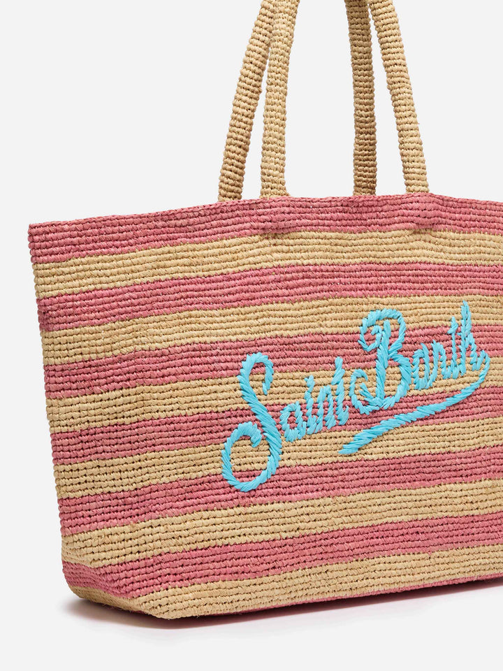 Rafia Beach Bag a righe rosa con pochette interna in cotone