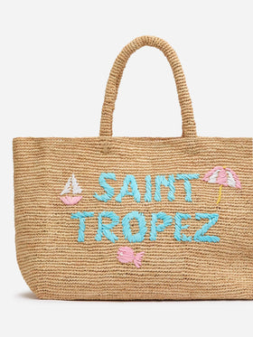 Beige Raffia Beach bag with cotton pouch and St. Tropez embroidery - MC2 Saint Barth