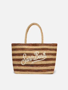 Beach raffia bag with brown stripes and embroidered logo