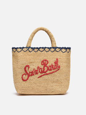 Rafia Mid Beach Bag beige con pochette interna in cotone e bordo a cuori