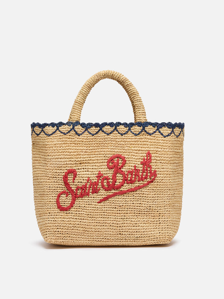 Rafia Mid Beach Bag beige con pochette interna in cotone e bordo a cuori