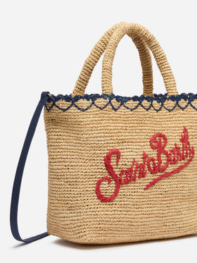 Rafia Mid Beach Bag beige con pochette interna in cotone e bordo a cuori