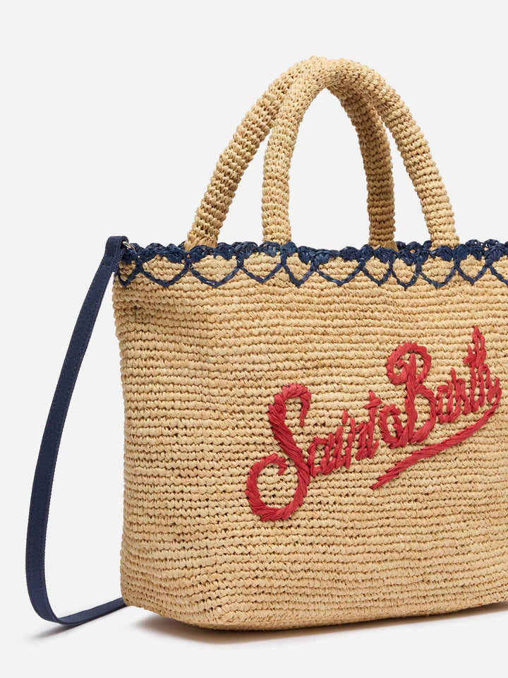 Rafia Mid Beach Bag beige con pochette interna in cotone e bordo a cuori