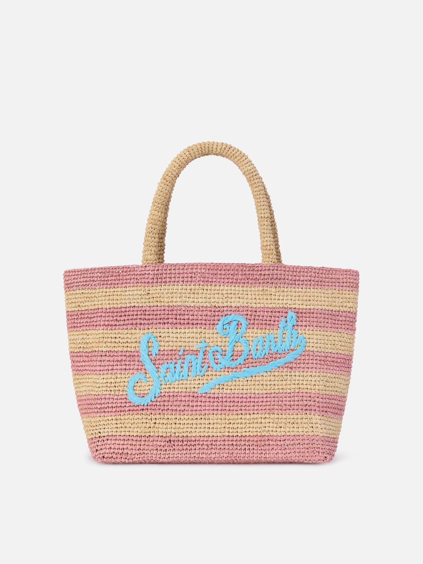 Medium Beach raffia bag with pink stripes and embroidered logo