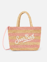 Borsa midi Beach in rafia a righe rosa con pochette in cotone