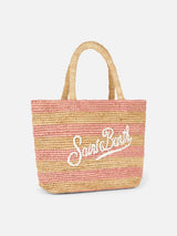 Borsa midi Beach in rafia a righe rosa con pochette in cotone