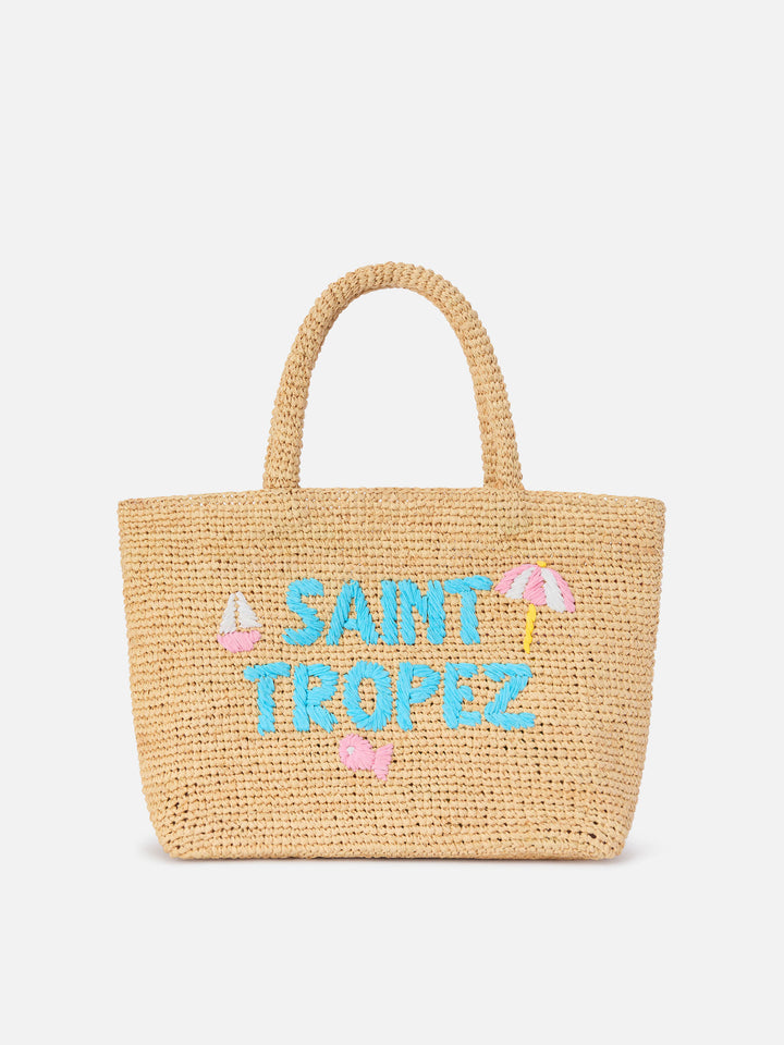 Bolso mediano de rafia de playa con bordado Saint Tropez 