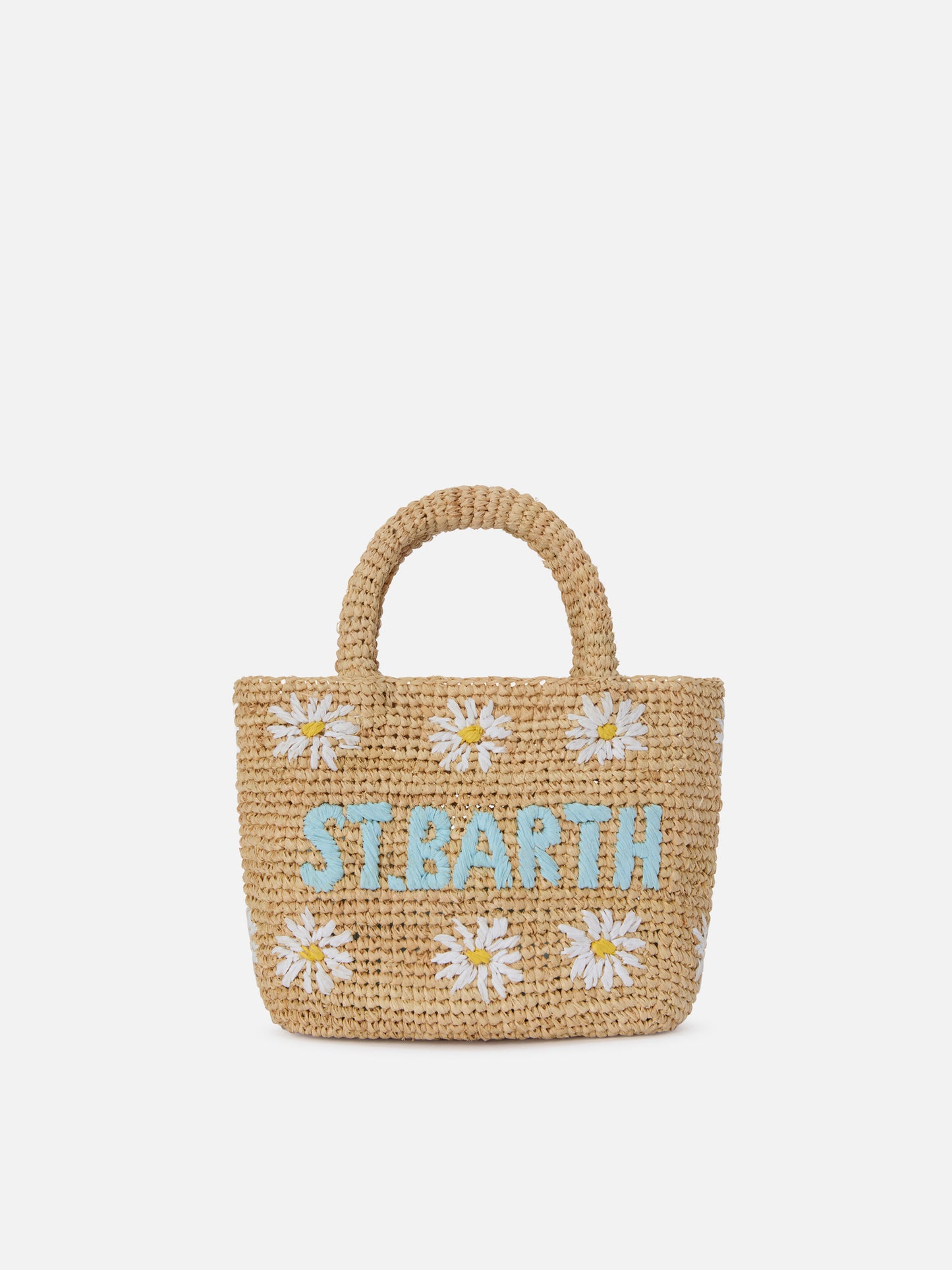 Strand-Mini-Tasche aus Raffiabast mit aufgestickten Gänseblümchen 