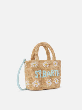 Strand-Mini-Tasche aus Raffiabast mit aufgestickten Gänseblümchen 