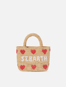 Beach mini raffia bag with embroidered hearts