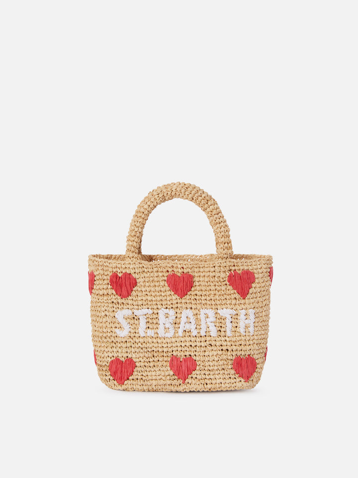 Mini bolso de playa de rafia con corazones bordados 