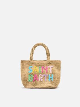 Beach mini raffia bag with multicolor embroidered logo