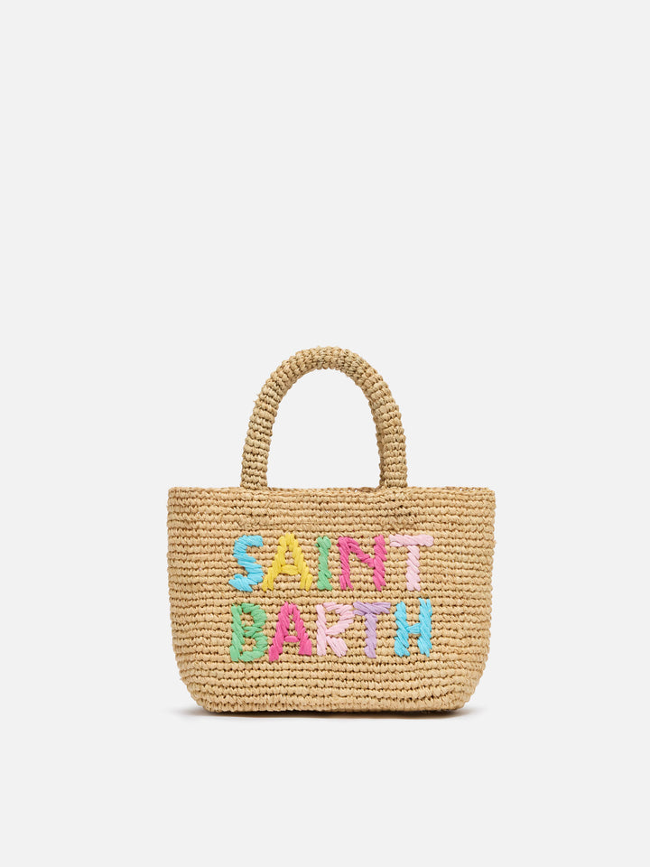 Beach mini raffia bag with multicolor embroidered logo