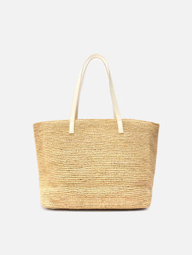 City raffia bag with contrasting ivory embroidered logo