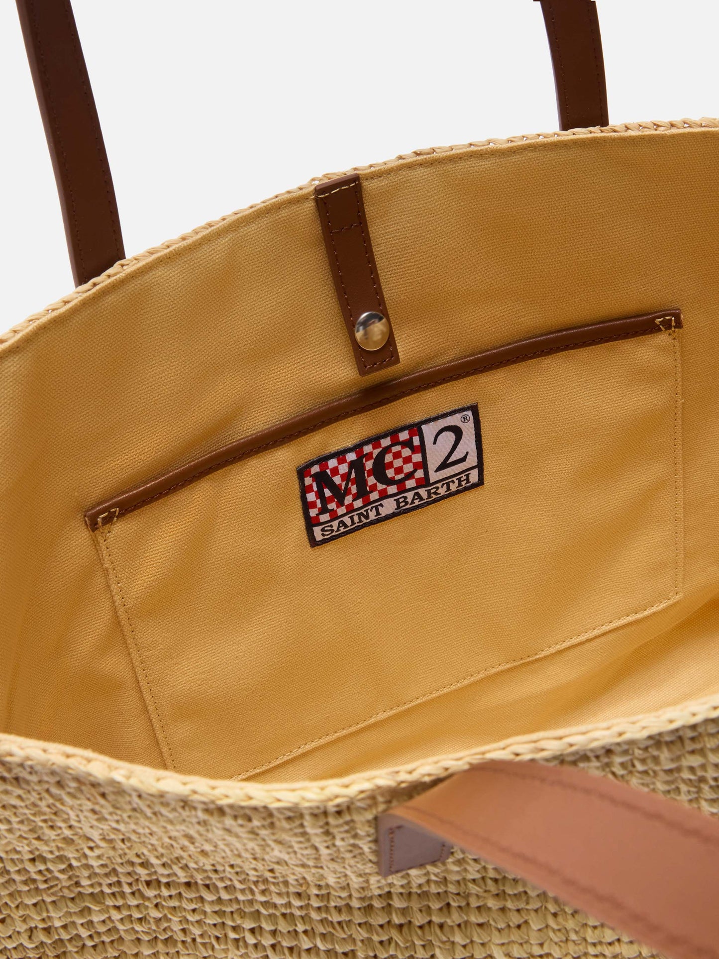 City raffia bag with genuine leather handles and embroidered logo